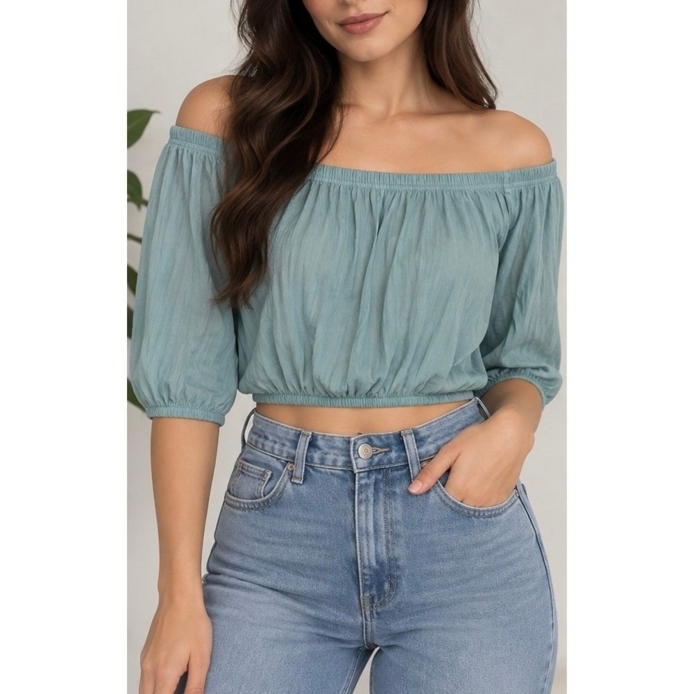 Womens Off The Shoulder Crop Top Sage Green